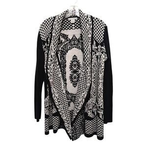Outlander Exotic Open Cardigan Sweater Sz L Black White Office Luxury Royal